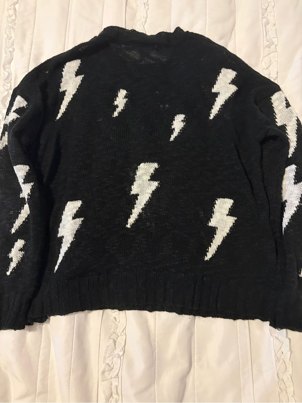 Sunday Stevens Black Crewneck Sweater with White Lightning Bolt Motif - Picture 3 of 3